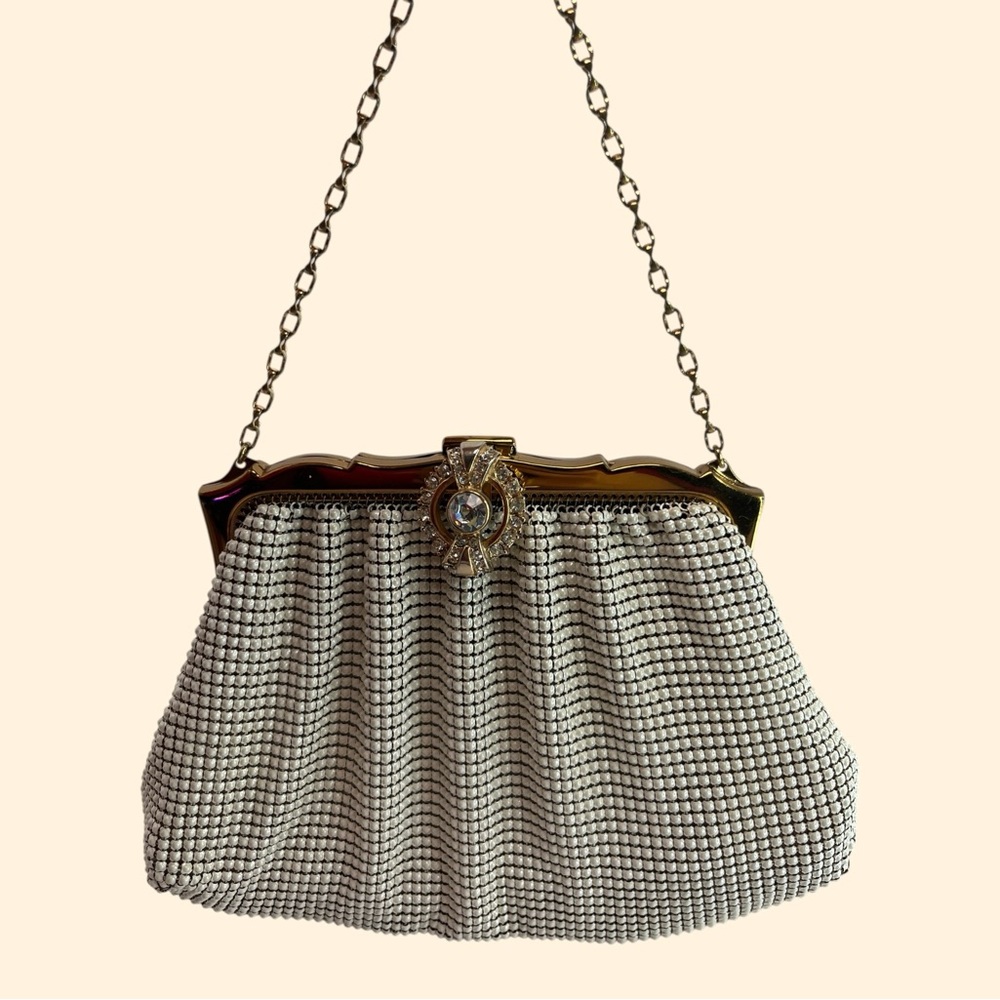 1959’s-1960’s Whiting&Davis Mesh handbag with Rhinestones clasp and gold chain